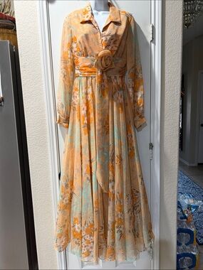 Neiman Marcus Long Sleeve Floral Maxi Dress in Peach and Light Blue